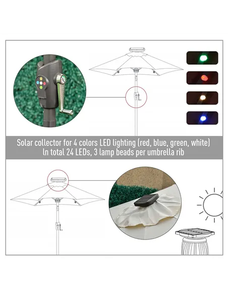 Outsunny Φ2.7m Garden 24 LED Light Parasol Solar Outdoor Tilt Sun Umbrella Patio Club Party Event Manual Sun Shade w/ Hand Crank