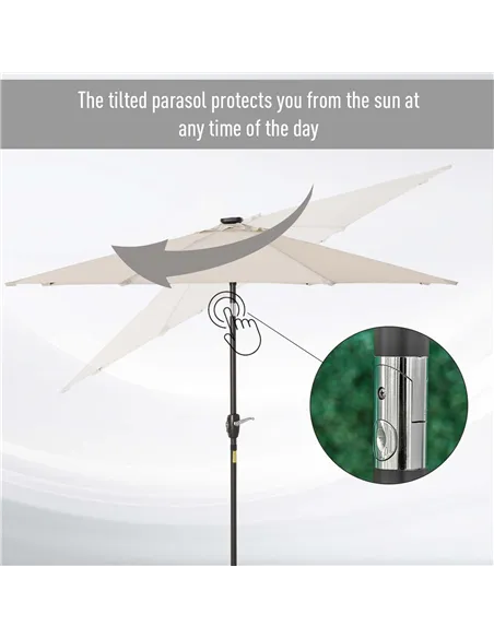 Outsunny Φ2.7m Garden 24 LED Light Parasol Solar Outdoor Tilt Sun Umbrella Patio Club Party Event Manual Sun Shade w/ Hand Crank