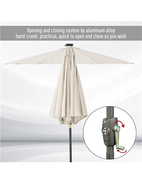 Outsunny Φ2.7m Garden 24 LED Light Parasol Solar Outdoor Tilt Sun Umbrella Patio Club Party Event Manual Sun Shade w/ Hand Crank
