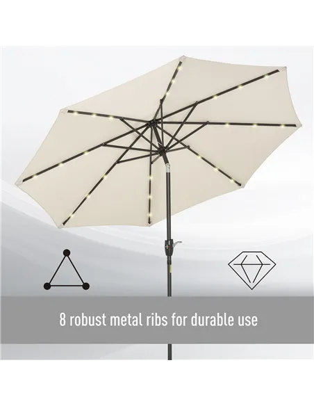 Outsunny Φ2.7m Garden 24 LED Light Parasol Solar Outdoor Tilt Sun Umbrella Patio Club Party Event Manual Sun Shade w/ Hand Crank