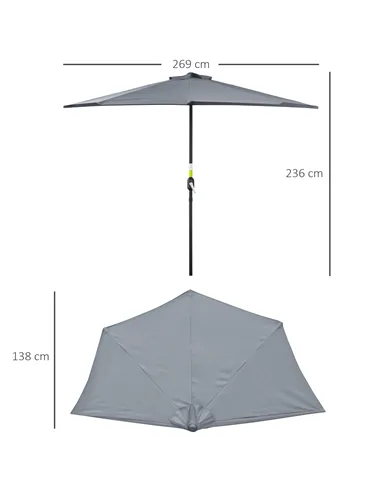 Outsunny 2.7m Garden Half Parasol, Outdoor Balcony Umbrella with 5 Steel Ribs, Patio Sun Shade, Grey