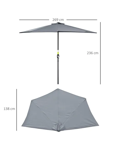 Outsunny 2.7m Garden Half Parasol, Outdoor Balcony Umbrella with 5 Steel Ribs, Patio Sun Shade, Grey