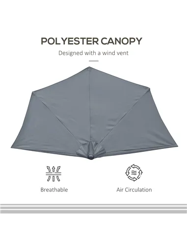 Outsunny 2.7m Garden Half Parasol, Outdoor Balcony Umbrella with 5 Steel Ribs, Patio Sun Shade, Grey