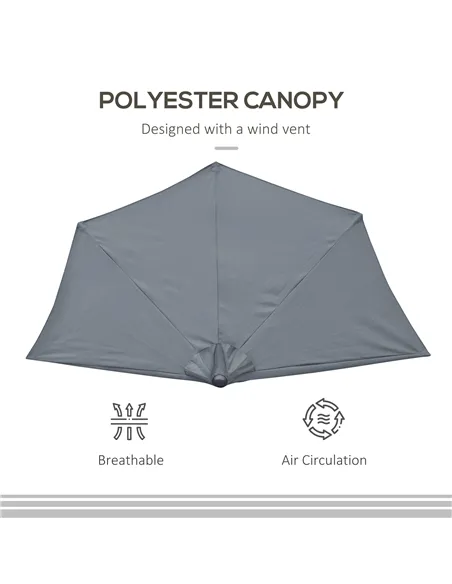 Outsunny 2.7m Garden Half Parasol, Outdoor Balcony Umbrella with 5 Steel Ribs, Patio Sun Shade, Grey