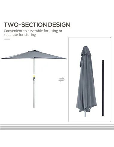 Outsunny 2.7m Garden Half Parasol, Outdoor Balcony Umbrella with 5 Steel Ribs, Patio Sun Shade, Grey