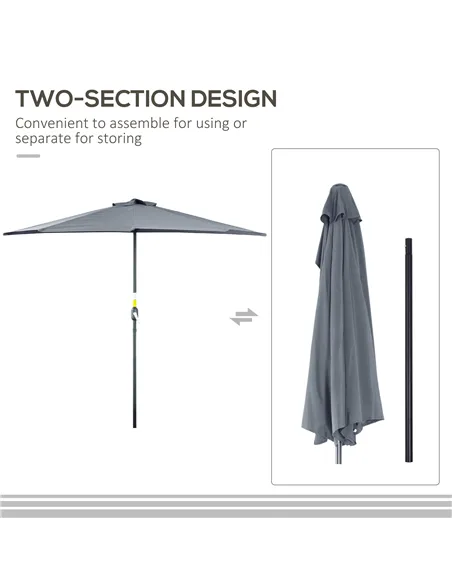 Outsunny 2.7m Garden Half Parasol, Outdoor Balcony Umbrella with 5 Steel Ribs, Patio Sun Shade, Grey