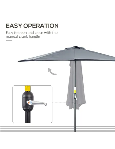 Outsunny 2.7m Garden Half Parasol, Outdoor Balcony Umbrella with 5 Steel Ribs, Patio Sun Shade, Grey