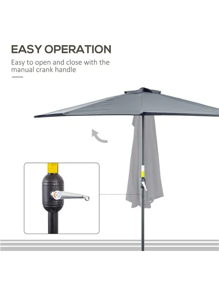 Outsunny 2.7m Garden Half Parasol, Outdoor Balcony Umbrella with 5 Steel Ribs, Patio Sun Shade, Grey