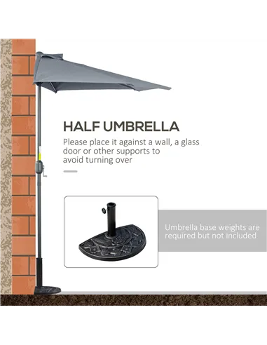 Outsunny 2.7m Garden Half Parasol, Outdoor Balcony Umbrella with 5 Steel Ribs, Patio Sun Shade, Grey
