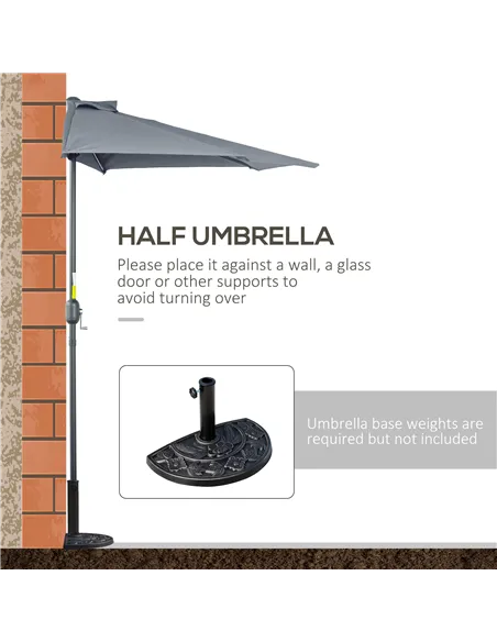 Outsunny 2.7m Garden Half Parasol, Outdoor Balcony Umbrella with 5 Steel Ribs, Patio Sun Shade, Grey