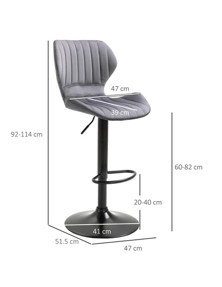 HOMCOM Bar Stool Set of 2 Velvet-Touch Fabric Adjustable Height Swivel Counter Chairs with Footrest, Grey