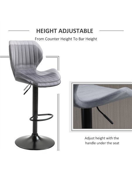 HOMCOM Bar Stool Set of 2 Velvet-Touch Fabric Adjustable Height Swivel Counter Chairs with Footrest, Grey