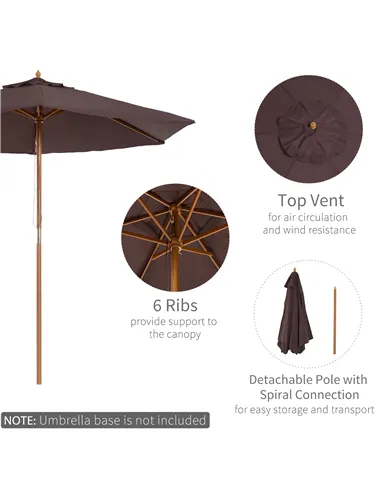 Outsunny 2.5m Wood Garden Parasol Sun Shade Patio Outdoor Wooden Umbrella Canopy Coffee