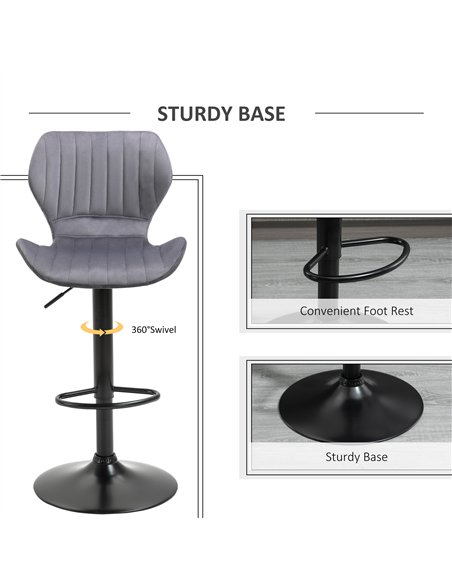 HOMCOM Bar Stool Set of 2 Velvet-Touch Fabric Adjustable Height Swivel Counter Chairs with Footrest, Grey