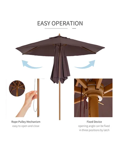Outsunny 2.5m Wood Garden Parasol Sun Shade Patio Outdoor Wooden Umbrella Canopy Coffee