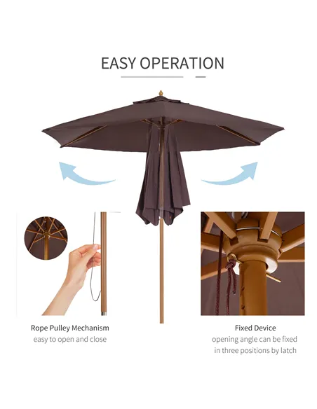 Outsunny 2.5m Wood Garden Parasol Sun Shade Patio Outdoor Wooden Umbrella Canopy Coffee