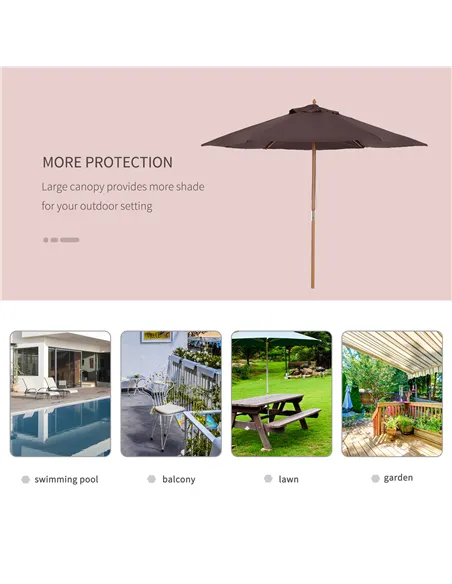 Outsunny 2.5m Wood Garden Parasol Sun Shade Patio Outdoor Wooden Umbrella Canopy Coffee