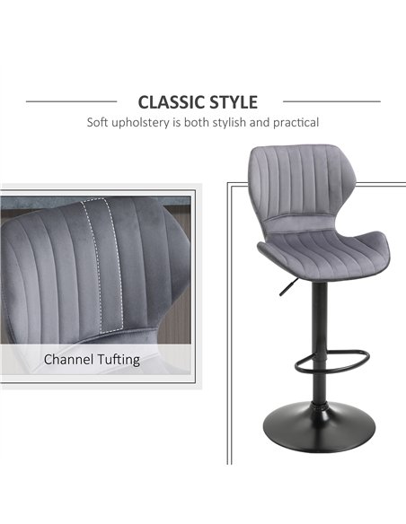 HOMCOM Bar Stool Set of 2 Velvet-Touch Fabric Adjustable Height Swivel Counter Chairs with Footrest, Grey
