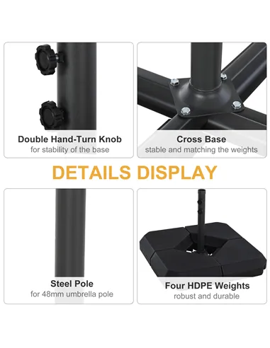Outsunny 4PCs Fillable Parasol Base Weights with Steel Cross Base Garden Umbrella Stand 60L Water or 72kg Sand Filled Weights Pl
