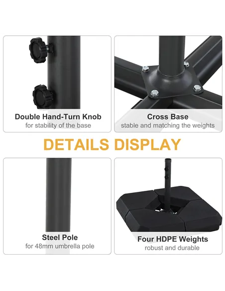Outsunny 4PCs Fillable Parasol Base Weights with Steel Cross Base Garden Umbrella Stand 60L Water or 72kg Sand Filled Weights Pl