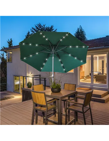 Outsunny 2.7m Patio Garden Umbrella Outdoor Parasol with Tilt Crank and 24 LEDs Lights (Green)