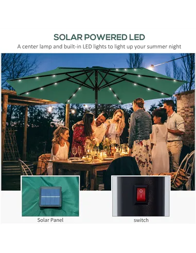 Outsunny 2.7m Patio Garden Umbrella Outdoor Parasol with Tilt Crank and 24 LEDs Lights (Green)