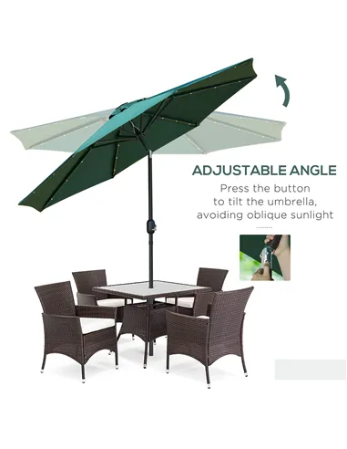 Outsunny 2.7m Patio Garden Umbrella Outdoor Parasol with Tilt Crank and 24 LEDs Lights (Green)