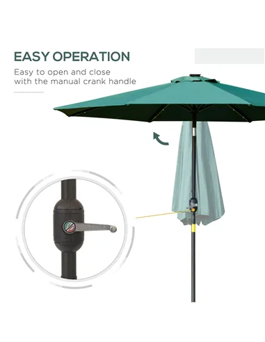 Outsunny 2.7m Patio Garden Umbrella Outdoor Parasol with Tilt Crank and 24 LEDs Lights (Green)