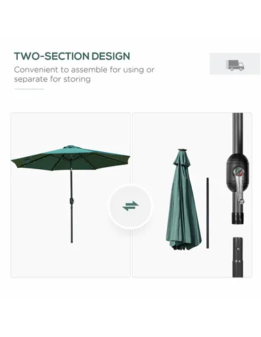 Outsunny 2.7m Patio Garden Umbrella Outdoor Parasol with Tilt Crank and 24 LEDs Lights (Green)