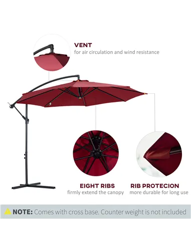 Outsunny Cantilever Umbrella Parasol Hanging Banana Steel Dark Green 3M Patio Wine Red