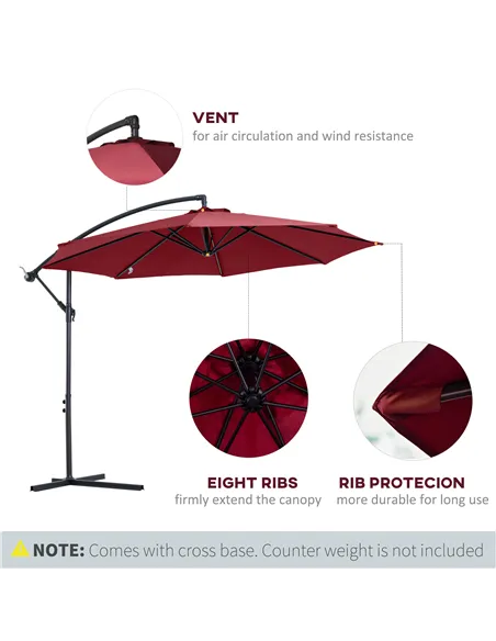 Outsunny Cantilever Umbrella Parasol Hanging Banana Steel Dark Green 3M Patio Wine Red