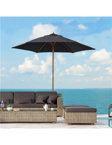Outsunny 2.5m Wood Garden Parasol Sun Shade Patio Outdoor Wooden Umbrella Canopy Black