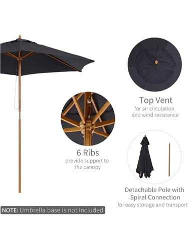 Outsunny 2.5m Wood Garden Parasol Sun Shade Patio Outdoor Wooden Umbrella Canopy Black