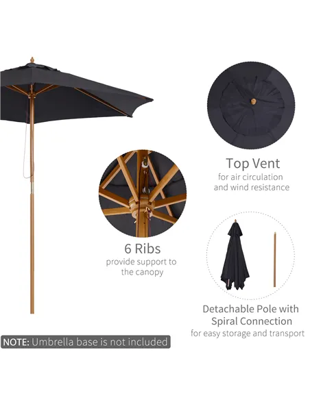 Outsunny 2.5m Wood Garden Parasol Sun Shade Patio Outdoor Wooden Umbrella Canopy Black
