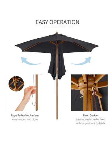 Outsunny 2.5m Wood Garden Parasol Sun Shade Patio Outdoor Wooden Umbrella Canopy Black