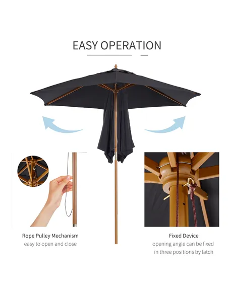 Outsunny 2.5m Wood Garden Parasol Sun Shade Patio Outdoor Wooden Umbrella Canopy Black