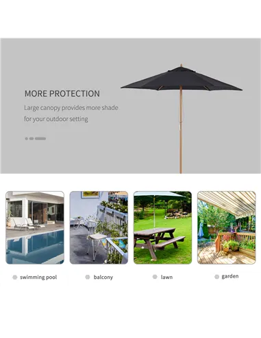 Outsunny 2.5m Wood Garden Parasol Sun Shade Patio Outdoor Wooden Umbrella Canopy Black
