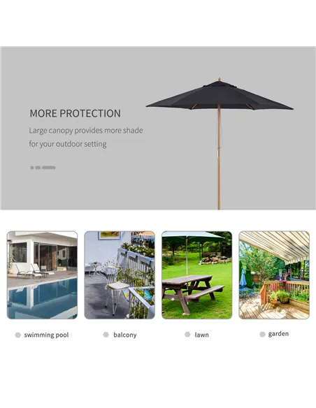 Outsunny 2.5m Wood Garden Parasol Sun Shade Patio Outdoor Wooden Umbrella Canopy Black