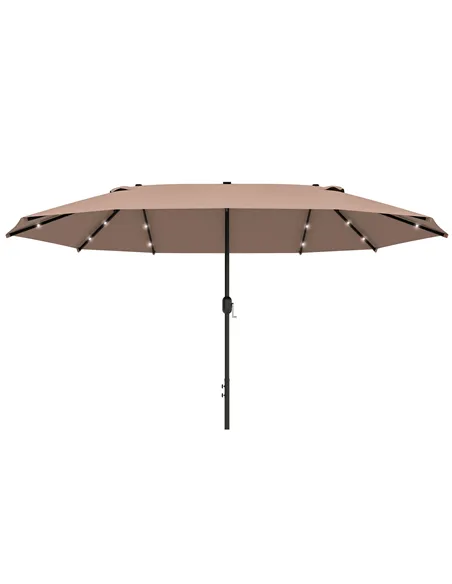 Outsunny Garden Parasol 4.4m Double-Sided Sun Umbrella Patio Parasol LED Solar Lights Khaki