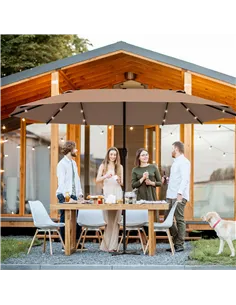 Outsunny Garden Parasol 4.4m Double-Sided Sun Umbrella Patio Parasol LED Solar Lights Khaki 2