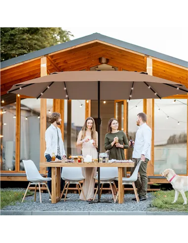 Outsunny Garden Parasol 4.4m Double-Sided Sun Umbrella Patio Parasol LED Solar Lights Khaki