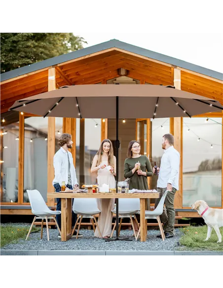 Outsunny Garden Parasol 4.4m Double-Sided Sun Umbrella Patio Parasol LED Solar Lights Khaki