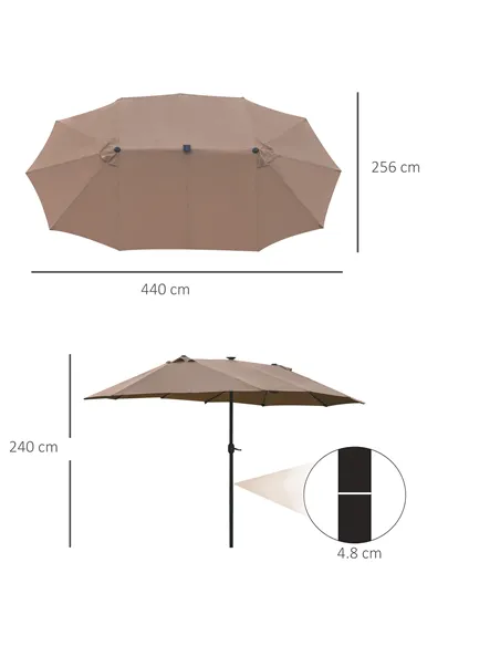Outsunny Garden Parasol 4.4m Double-Sided Sun Umbrella Patio Parasol LED Solar Lights Khaki