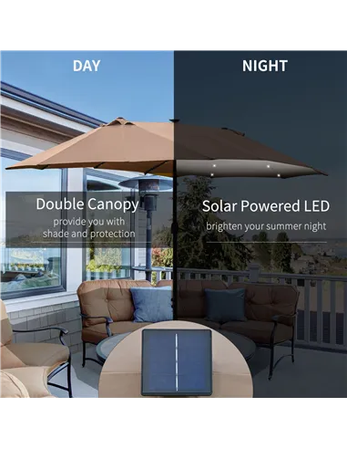 Outsunny Garden Parasol 4.4m Double-Sided Sun Umbrella Patio Parasol LED Solar Lights Khaki