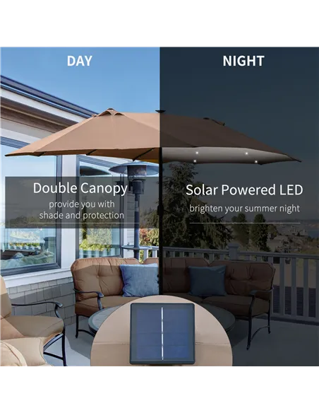 Outsunny Garden Parasol 4.4m Double-Sided Sun Umbrella Patio Parasol LED Solar Lights Khaki