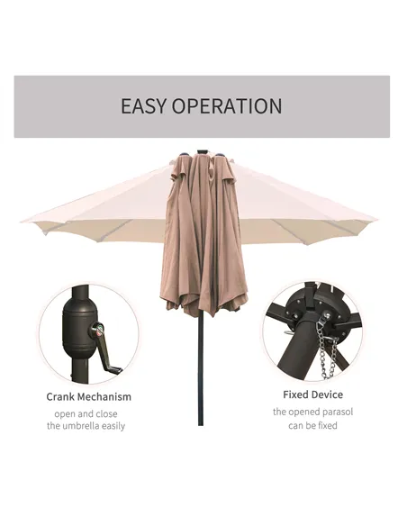 Outsunny Garden Parasol 4.4m Double-Sided Sun Umbrella Patio Parasol LED Solar Lights Khaki