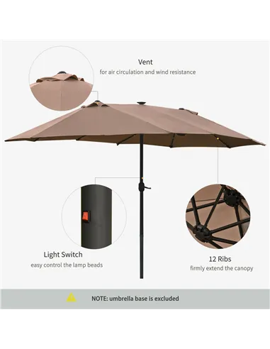 Outsunny Garden Parasol 4.4m Double-Sided Sun Umbrella Patio Parasol LED Solar Lights Khaki