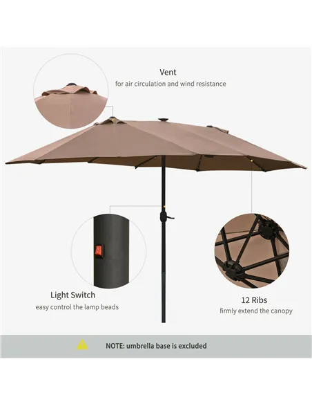 Outsunny Garden Parasol 4.4m Double-Sided Sun Umbrella Patio Parasol LED Solar Lights Khaki