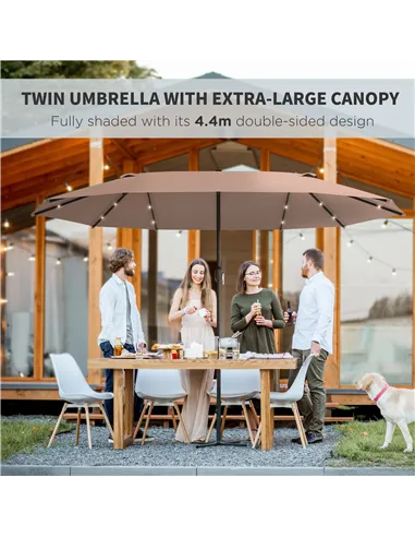 Outsunny Garden Parasol 4.4m Double-Sided Sun Umbrella Patio Parasol LED Solar Lights Khaki