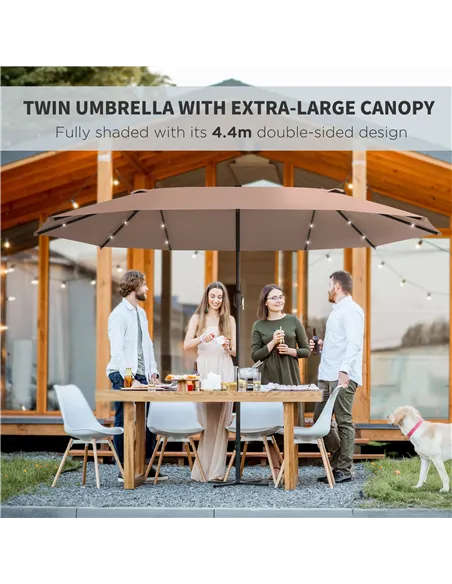 Outsunny Garden Parasol 4.4m Double-Sided Sun Umbrella Patio Parasol LED Solar Lights Khaki